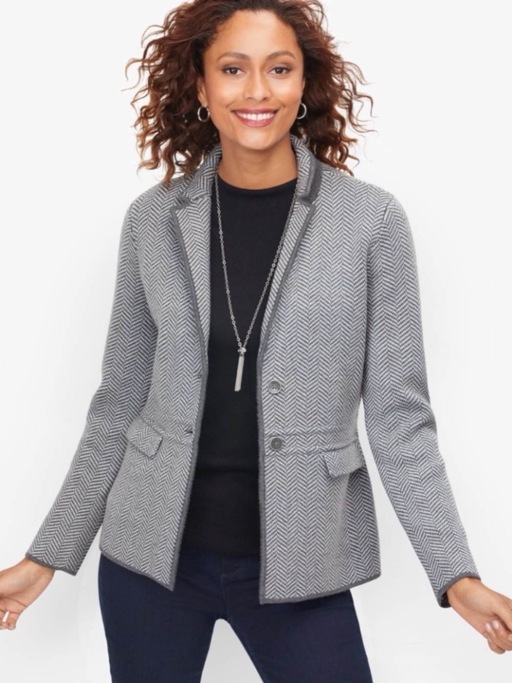 Talbots 100% Merino Wool Sweater Jacket Gray Herringbone Blazer Medium M